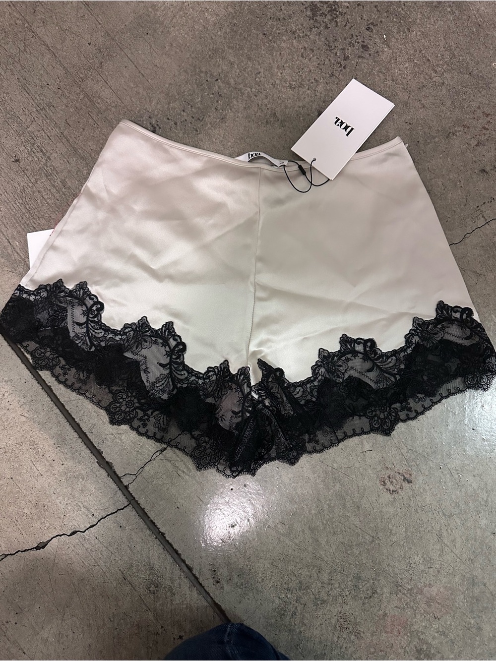 BOA Ivory Satin Sleep Shorts with Black Lace Hem